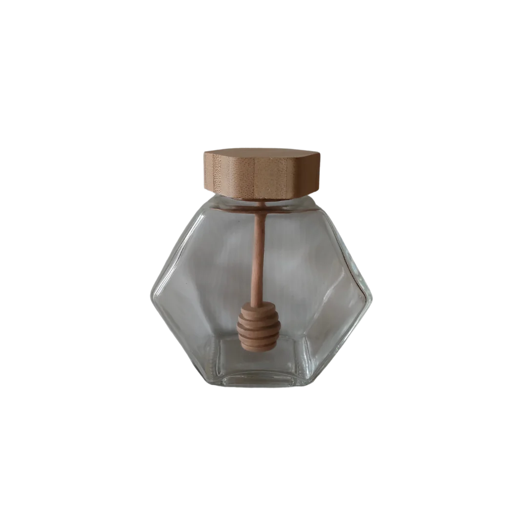 Frasco Hexagonal 220mL com Tampa Madeira e Colher