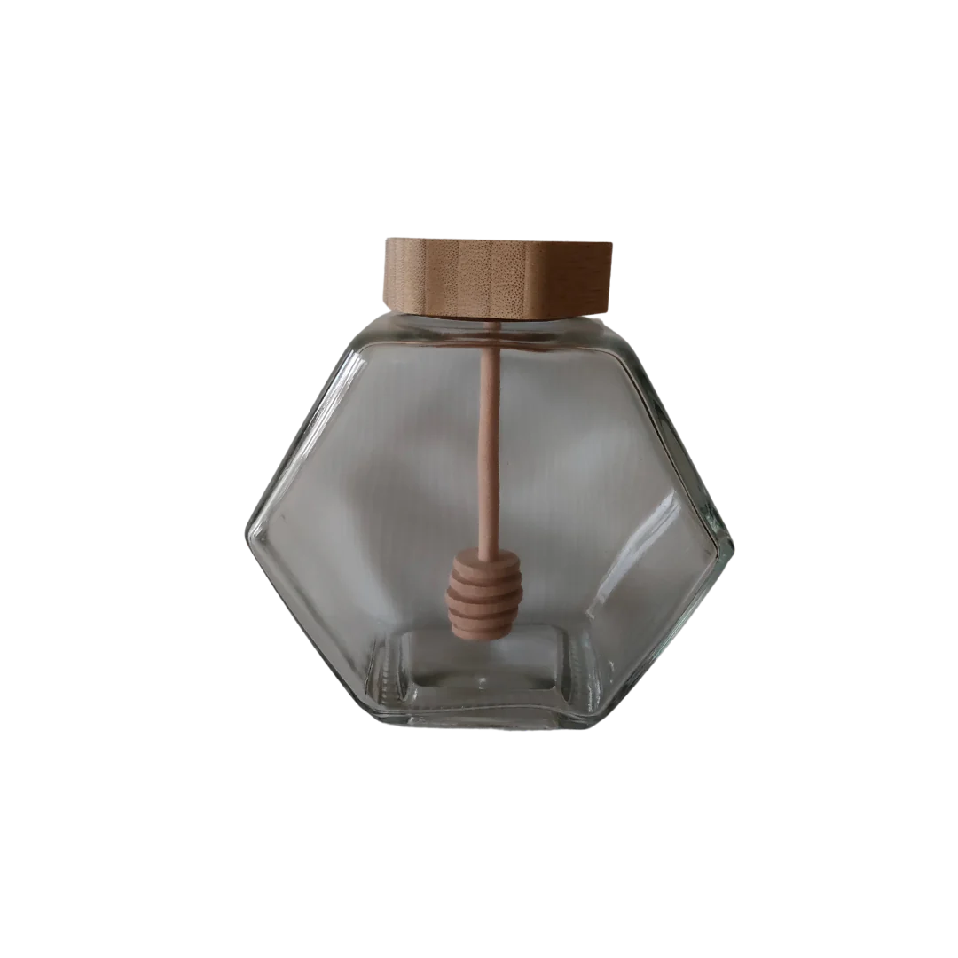 Frasco Hexagonal 380mL com Tampa Madeira e Colher